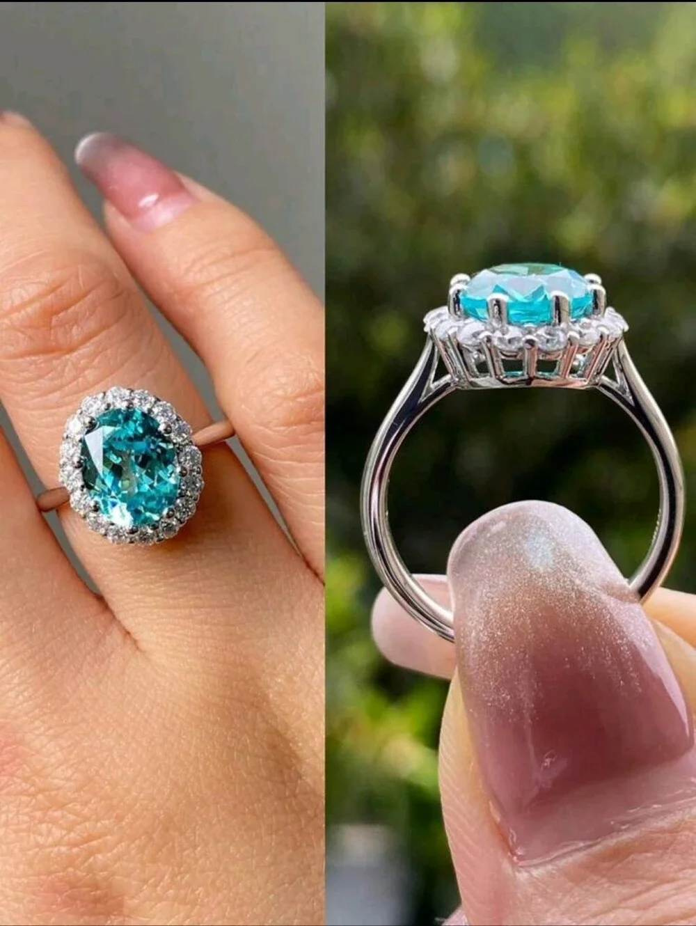 BRAND NEW ** Teal Halo Oval Ring with White Diamond Accent
